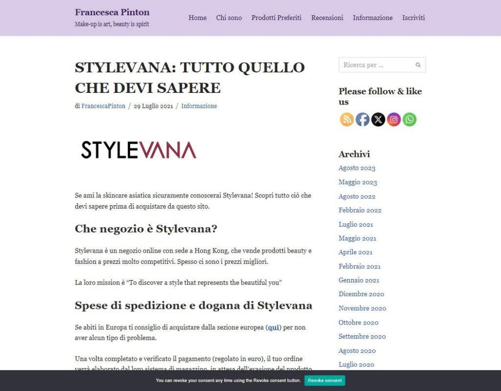 screenshot di un articolo vecchio di francescapinton.it